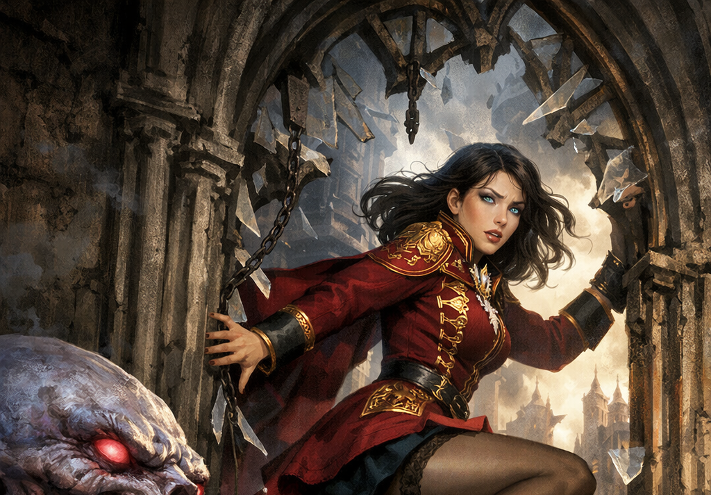 Aurelia escaping through a window